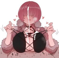 bangs bar_censor blush breasts censored covered_eyes cum ejaculation ejaculation_between_breasts female hair_over_eyes happy happy_paizuri happy_sex jacket king_of_fighters large_breasts open_clothes open_jacket paizuri paizuri_under_clothes red_hair shermie_(kof) short_hair snk straight sumiyao_(amam) white_female