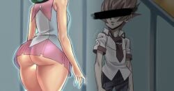 1boy 1girls ass cheating female green_hair katosei kotori_mizuki male mizuki_kotori_(yuu-gi-ou_zexal) rei_shingetsu skirt tori_meadows transparent_clothing yu-gi-oh! yu-gi-oh!_zexal yuu-gi-ou_zexal