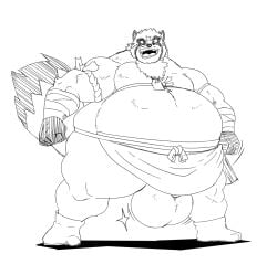 2022 a-side anthro balls belly big_balls big_belly bottomwear build_tiger canid canine clothed clothing clothing_lift exposing fist footwear fur genitals hi_res inari loincloth loincloth_lift looking_at_viewer male mammal musclegut open_mouth overweight overweight_anthro overweight_male penis presenting presenting_balls raccoon_dog raised_tail solo spread_legs spreading standing tanuki teeth tongue