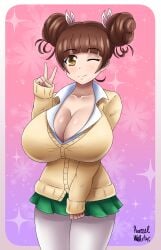 1girls artist_signature azraelwebster big_breasts blush breasts brown_eyes brown_hair cleavage clothed clothed_female collarbone double_bun eyebrows_visible_through_hair eyelashes female female_only fujinoki_nene hair_bun hajimete_no_gal human human_only large_breasts looking_at_viewer school_uniform short_hair skirt smile solo solo_female standing tagme tied_hair twintails wink