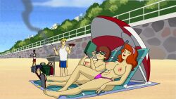 2boys 2girls accurate_art_style alternate_breast_size beach beach_towel beach_umbrella big_ass big_breasts bikini blonde_hair blonde_hair_male blue_sky book brown_hair closed_eyes cloud cloudy_sky daphne_blake edit female_focus fred_jones glasses hanna-barbera long_hair long_hair_female long_orange_hair lying lying_on_back open_eyes orange_hair orange_hair_female public_topless purple_bikini_bottom razafrazz reading_book rock_wall sand scooby-doo screenshot screenshot_edit short_blonde_hair short_brown_hair short_hair short_hair_female short_hair_male sky smile thin_waist topless topless_female velma_dinkley white_shirt wide_hips