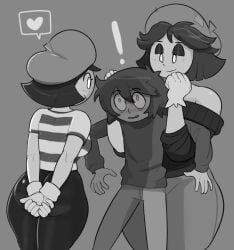 ! 1boy 2girls 2girls1boy ass bare_shoulders beret biting black_and_white black_hair black_sweater blush_stickers domino_(nuclearmime) female femdom glove_biting gloves grabbing grabbing_from_behind greyscale hands_behind_back heart holding_person male milf mime mime_girl mob_face momino_(nuclearmime) monochrome mother_and_daughter newtsona_(newtype_hero) newtype_hero original_character original_characters questionable_consent short_hair striped_clothing tagme white_eyes white_gloves