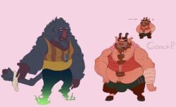 anthro balls_outline belly bulge chest_tuft clothing coach disney duo facial_piercing flaccid frown genital_outline haplorhine haxsmack hercules_(disney) hi_res horn hyper looking_at_viewer male male_only mammal mandrill monkey navel nose_piercing old_world_monkey overweight penis_outline philoctetes piercing primate satyr shirt tank_top topwear tuft