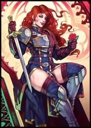 1girls armor earrings elaina_woodlock female_only flower green_eyes hips janrock lips long_hair looking_at_viewer pale-skinned_female pale_skin pose red_hair rose_(flower) sitting solo_female sword thick_thighs thighs wide_hips