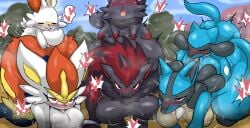 ahe_gao big_ass big_breasts bigger_female cinderace enigi09 female_cinderace female_lucario female_zoroark group_sex implied_penetration lucario mounted mounting pokemon pokemon_(species) quality riolu scorbunny sex size_difference smaller_male sweaty tongue_out zoroark zorua