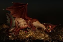 3d_(artwork) ambiguous_gender animal_genitalia claws cloaca digital_media_(artwork) dragon flower_in_mouth genitals gold_(metal) hoard looking_at_viewer membrane_(anatomy) membranous_wings nude scalie sherwood solo treasure_hoard western_dragon wings