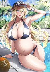 3rd_party_edit absurdres anchor_necklace arm_support baseball_cap bikini blonde_female blonde_hair blue_eyes blush breasts cleavage day female hair_between_eyes hat highres iowa_(kantai_collection) kantai_collection kome_cola large_breasts long_hair looking_at_viewer navel open_mouth outdoors pool pregnant sitting smile solo star-shaped_pupils star_(symbol) stomach swimsuit symbol-shaped_pupils thighs wet wristband