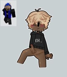 1boy balls black_clothing black_hoodie black_penis blonde_hair blush bottomless cartoony dark_skin erection gay grey_background hoodie lewisstyx male male_only no_pants one_eye_closed penis penis_out reference_image roblox roblox_avatar robloxian smile testicles white_outline