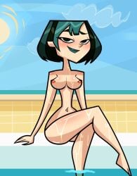 blue_hair blue_lipstick boobs breasts completely_naked completely_nude completely_nude_female crossed_legs gwen_(tdi) human littlewitchnsfw medium_breasts naked nipples nude nude_female poolside short_hair slim_waist tits total_drama_island