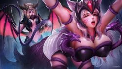 2girls 9_tails ahri animal_ear_fluff animal_ears animal_girl animal_humanoid big_breasts bodily_fluids bondage breasts busty challenger_ahri child_bearing_hips cleavage clothing curvaceous curves curvy curvy_body curvy_female curvy_figure curvy_hips dragon_sorceress_zyra dragon_world_series esports_series eyelashes eyeliner eyeshadow facial_markings female female_only fluffy fluffy_ears fluffy_tail fluffy_tails fox fox_ears fox_girl fox_humanoid fox_tail fox_tails fur furry_ears furry_tail genital_fluids glistening glistening_body glistening_breasts glistening_hair glistening_skin headgear hips hourglass_figure huge_breasts humanoid inner_ear_fluff kemonomimi kitsune large_breasts league_of_legends light-skinned_female light_skin long_hair multi_tail multiple_girls multiple_tails nine_tailed_fox pale-skinned_female red_eyes riot_games tail thick_thighs thighs uncensored variant vastaya video_games voluptuous whip white_hair wide_hips windwalker zyra