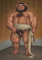 anthro asian_clothing balls beard board bodily_fluids clothing east_asian_clothing facial_hair flaccid flashing fundoshi genitals grin hi_res hyper incarnata japanese_clothing kemono looking_at_viewer male male_only mammal muscular nipples penis smile solo suid suina sus_(pig) sweat sweatdrop underwear wild_boar