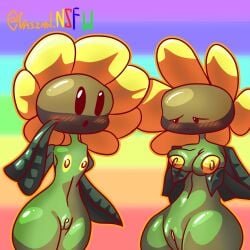 2girls big_breasts chszan_chan green_body homosexual looking_at_another multiple_girls plantie plants_vs_zombies pussy shy small_breasts smile sunflower sunflower_(pvz) yuri