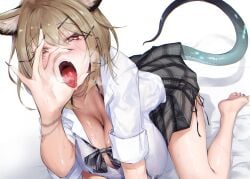 animal_ears arknights breath cleavage doctor_(arknights) eichi fellatio_gesture female large_breasts open_mouth pov skirt tail utage_(arknights)