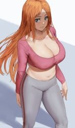 1girls 2021 arms_by_side artist_signature belly_button bleach blush breasts cleavage cleavage_cutout clothed erect_nipples erect_nipples_under_clothes female female_focus female_only grey_eyes hi_res hips huge_breasts inoue_orihime long_hair long_sleeves midriff nipples orange_hair pink_topwear shexyo simple_background smile smiling solo standing thick_thighs thighs tight_clothing tight_fit white_background white_yoga_pants wide_hips yoga_pants