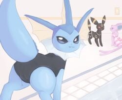 black_body blue_body blue_eyes eeveelution espeon female feral group hi_res labbit1337 looking_at_viewer looking_back nintendo one-piece_swimsuit pink_body pokémon_(species) pokemon red_eyes sex_toy swimming_pool swimsuit swimwear umbreon vaporeon vibrator video_games