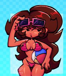 artist_name background beach beach_ball bikini breasts colored_nails deadlandddah eyelashes female female_only friday_night_funkin girlfriend_(friday_night_funkin) glasses_raised long_hair nipples_visible_through_clothing tanned_skin