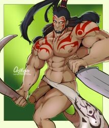 abs balls bara elemental_hero elemental_hero_wildheart erickbsan gay long_hair male male_only muscles muscular muscular_male nipples pecs penis solo solo_male sword tattoo weapon yu-gi-oh! yu-gi-oh!_gx