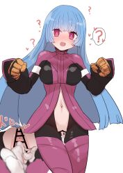 2d bangs bar_censor blue_hair blush bodysuit breasts censored clothed clothing confused cropped_jacket cum cum_drip cum_dripping cum_running_down_leg fanart female front_view highres hime_cut king_of_fighters kula_diamond long_hair medium_breasts picture_in_picture pussy red_eyes solid_color_background standing sumiyao_(amam) sweat walking_towards_viewer white_background worm's-eye_view