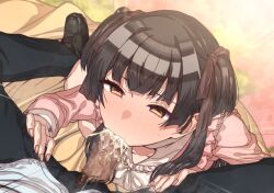 1boy bangs black_hair blush censored cum cum_in_mouth erere fellatio female idolmaster idolmaster_shiny_colors long_hair male_pubic_hair mayuzumi_fuyuko mosaic_censoring multicolored_hair oral penis pubic_hair spread_legs sweat two-tone_hair yellow_eyes