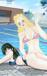 ass bikini blonde_hair blue_eyes blush bra breasts exotic_cat ginko_sanbanchi green_eyes green_hair iron_tile_jan! iron_wok_jan! jemi_kujo lips long_hair nipple_bulge oil panties pool poolside shiny_skin thighs wet whentai yuri