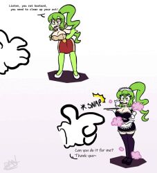 12lolomalo angry animated bouncing_breasts brain_drain breast_expansion cheerleader comic dancing dialogue edit embarrassed female_focus femsub gif green_eyes green_hair groping_breasts large_breasts magic maid_outfit outfit_swap pompoms slideshow transformation twintails