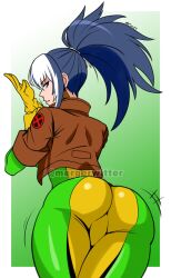 1girls absurd_res anna_marie ass ass_focus blue_eyes blue_hair bodysuit bodysuit_and_jacket bodysuit_under_clothes cropped_jacket female female_only from_behind gloves high_ponytail huge_ass jacket king_of_fighters leona_heidern looking_back marvel marvel_comics mergeritter ponytail rogue_(x-men) snk solo thick_thighs watermark x-men