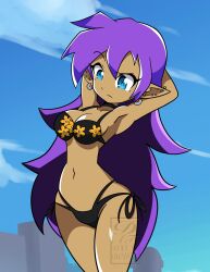 alternate_costume armpits arms_behind_head bikini black_bikini blue_eyes blue_sky breasts cleavage closed_mouth cloudy_sky dark-skinned_female dark_skin datwondoude earrings female female_only hair_down jewelry kitagawa_marin_(cosplay) long_hair looking_down pointy_ears purple_hair shantae shantae_(character) smooth_skin solo sono_bisque_doll_wa_koi_wo_suru thighs very_long_hair