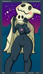 2021 absurd_res anthro anthrofied big_breasts black_body blush bodily_fluids breasts clothed clothing costume female flashing genital_fluids genitals hi_res looking_at_viewer lunaris_parukia mimikyu navel night nintendo nipples outside partially_clothed pokémon_(species) pokémorph pokemon pussy pussy_juice solo text url video_games