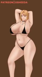 alternative_bust_size armpits arms_up black_bra black_panties blonde_hair breasts brown_background choker collar female gyaru hands_behind_head huge_breasts kitagawa_marin looking_at_viewer osheeda pale-skinned_female patreon_username red_eyes seductive_look sono_bisque_doll_wa_koi_wo_suru straight straight_hair thick_thighs widescreen