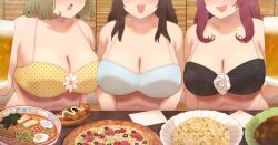 3girls bbw beer big_breasts blush bra breasts chubby cleavage faceless_female female female_only food huge_breasts multiple_girls original plump ryokucha_michi