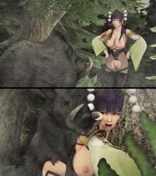 1girls 2_panel_comic 3d ambiguous_penetration angry angry_face boar bottomless breasts breasts_out comic corset dead_or_alive doggy_style female female_on_feral feral_on_female forest hands_on_hips human_on_feral mktrreekky mounted mounted_for_sex nyotengu open_mouth pig porcine purple_eyes purple_hair pussy scowl sex shocked shocked_expression source_filmmaker two_panel_image zoophilia