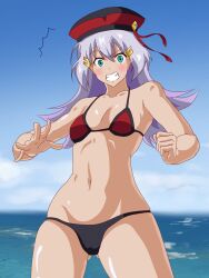 aqua_eyes ass_visible_through_thighs beret bikini breasts embarrassed fe_(umenomiya_tekkousho) female gundam gundam_exa hair_ornament hairclip hat highres solo sthesia_awar_acht swimsuit white_hair