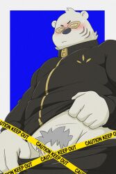 1boy 2022 anthro belly big_belly black_nose blush bodily_fluids bottomwear censored clothing genitals hi_res humanoid_genitalia humanoid_hands humanoid_penis kemono male male_only mammal odd_taxi overweight overweight_male pants penis polar_bear pubes sekiguchi_(odd_taxi) shibatanukiti small_penis solo sweat ursid ursine