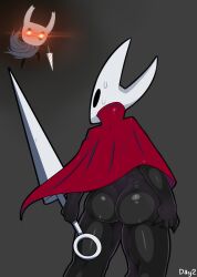 ass behind_view black_body black_skin bottomless bottomless_female cape denva9 female_focus hollow_knight hornet_(hollow_knight) protagonist_(hollow_knight) shiny_skin thick_ass thick_thighs