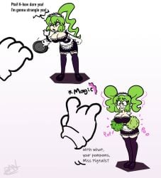 12lolomalo angry comic dialogue female_focus green_hair large_breasts magic maid_outfit pompoms transformation twintails