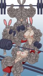 2022 abs anthro ass atariboy back_muscles biceps big_breasts big_muscles breasts disney exercise female flexing fur genitals grey_body grey_fur huge_muscles hyper hyper_muscles judy_hopps lagomorph large_breasts leporid mammal muscular muscular_female nipples nude purple_eyes pussy rabbit smile solo teeth vein veiny_muscles weight_bench weights zootopia