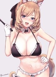 :d animal_ears arknights bikini black_bikini black_collar black_legwear black_ribbon blonde_hair blue_eyes blush bra breasts cleavage collar collarbone commentary_request cowboy_shot detached_collar eyebrows_visible_through_hair eyes_visible_through_hair female female frilled_bikini frilled_legwear frills gloves grey_background hair_ribbon hand_on_hip hand_up highres holding horse_ears horse_girl horse_tail kousi_sirazawa large_breasts looking_at_viewer maid_bikini maid_headdress medium_hair midriff navel nose_blush oerba_yun_fang open_mouth ribbon short_eyebrows smile solo swimsuit tail thick_eyebrows thick_thighs thighhighs thighs twitter_username underwear whislash_(arknights) white_gloves