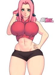 animated black_legwear blue_eyes clothing erect_nipples erect_nipples_under_clothes female female_focus female_only jay-marvel large_breasts naruto naruto_(classic) naruto_(series) no_sound pink_hair red_shirt sakura_haruno shorts stomach thick_thighs tight_clothing video watermark white_background