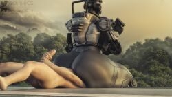 3d android ass big_ass big_penis chittercg cloud deepspacebug detailed_background dominant dominant_male duo facesitting gay genitals glistening glistening_ass hi_res holding_penis human machine male male/male mammal masturbation nude penis plant robot size_difference smothering spectre_(titanfall) titanfall titanfall_2 tree watermark