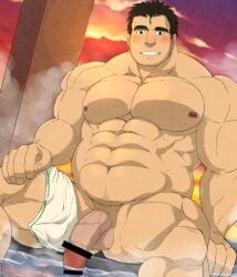 1boy abs bar_censor bara bathtub black_hair blush censored facial_mark flaccid forehead_mark green_eyes highres human human_only large_pectorals looking_at_viewer male male_focus male_only male_pubic_hair muscular muscular_male naked_towel navel nipples nude pectorals penis plump pubic_hair raineru_(gryffindor131) short_hair sideburns solo steam stomach sunset thick_eyebrows thick_thighs thighs tokyo_afterschool_summoners towel veins veiny_penis zao_(tokyo_afterschool_summoners)