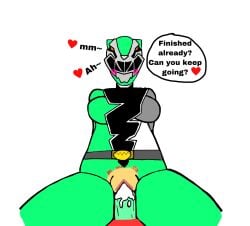 1boy 1girls anonymous_artist blush bodysuit clothed clothing cum cum_in_pussy dialogue dickgirl english_text female_focus green_ranger human looking_at_viewer mostly_clothed penetration power_rangers riding riding_penis sex sitting_on_penis slime_girl solo_focus text vaginal_penetration