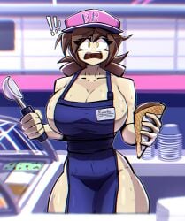 apron big_breasts breasts cleavage embarrassed female female_focus female_only ice_cream iced_latte_with_breast_milk kyurby_(zzzhodazzz) large_breasts meme naked_apron pelvic_curtain revealing_clothes tagme thick_thighs zzzhodazzz