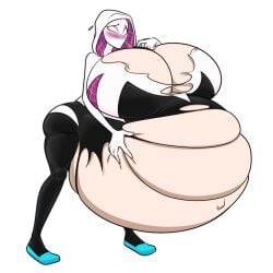 1girls belly big_belly big_breasts blush breasts cleavage enormous_belly enormous_breasts female gwen_stacy hand_on_belly huge_belly huge_breasts hyper_pregnancy marvel marvel_comics mask pregnant riddleaugust solo_female spider-gwen torn_clothes