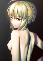 1girls absurdres ahoge areolae artoria_pendragon back_view besmiled blonde_hair breasts fate/grand_order fate/stay_night fate_(series) female female_only french_braid from_behind green_eyes highres looking_back medium_breasts nipples saber sideboob small_breasts solo solo_female