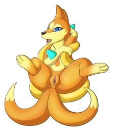 2022 absurd_res alpha_channel anus blue_eyes conditional_dnp double_tail fangs female feral floatzel fur furry furry_only genitals hand_behind_head hi_res itsdraconix jewelry looking_at_viewer lying necklace nintendo nude on_back open_mouth orange_body orange_fur pokémon_(species) pokemon presenting presenting_pussy pussy signature simple_background solo spread_legs spreading tail tongue transparent_background video_games watermark