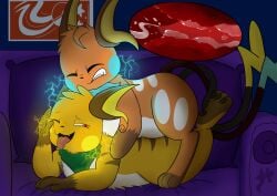 absurd_res bed bedroom bodily_fluids cum electricity furniture genital_fluids genitals hi_res internal lightning male male/male moxiepawler_(artist) night nintendo penis pokémon_(species) pokemon pokemon_(species) raichu video_games zarro