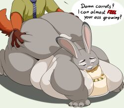 absurd_res all_fours anthro ass athletic athletic_male belly big_belly big_breasts big_butt breasts butt_grab cake canid canine clothed clothing dessert digital_media_(artwork) disney duo eating english_text fat female female_penetrated food fox fur grandpaced grey_body hand_on_butt hi_res huge_breasts huge_butt judy_hopps lagomorph large_breasts leporid looking_pleasured male male/female mammal messy morbidly_obese morbidly_obese_anthro morbidly_obese_female narrowed_eyes nick_wilde nude obese obese_anthro obese_female overweight overweight_anthro overweight_female penetration purple_eyes rabbit sex simple_background stuffing text thick_thighs weight_gain wide_hips zootopia