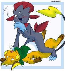 absurd_res anthro claws cowgirl_position female from_front_position hi_res lying male male/female nintendo on_back on_bottom on_top pokémon_(species) pokemon pokemon_(species) raichu screamoshaymin sex smile vaginal_penetration video_games weavile zarro