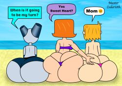 1girls 2boys ass ass_cleavage ass_grab beach big_ass bikini butt_crack butt_squish debbie_turnbull debs_turnbull english english_text female from_behind huge_ass male master_zedarioth milf robot robotboy robotboy_(character) speech_bubble tagme thong tommy_turnbull