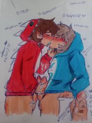 2boys balls blue_sweater blush bottomless brown_hair color colored cum frottage gay genital_fluids genitals handjob kissing los_compas male male_only masturbation mcyt moaning penises_touching precum raptorgamer retracted_foreskin saliva spanish_text sparta356 sweater testicles text topwear traditional_media traditional_media_(artwork) youtube youtube_hispanic youtuber youtubers